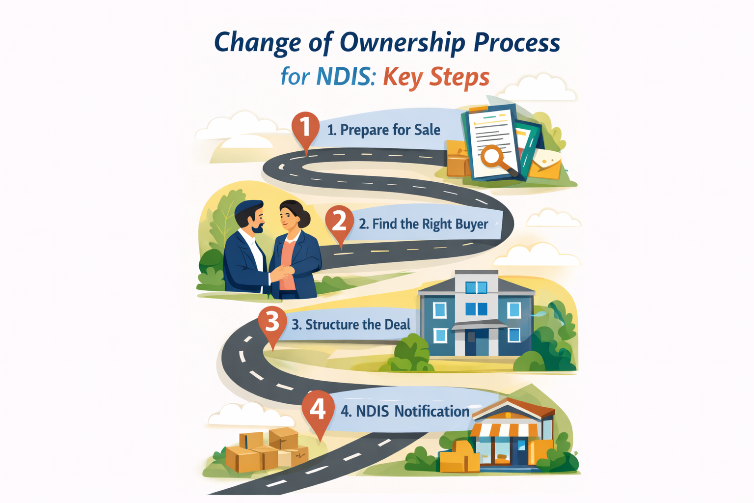 Change of ownership process for NDIS business showing step-by-step flow from preparation to NDIS notification