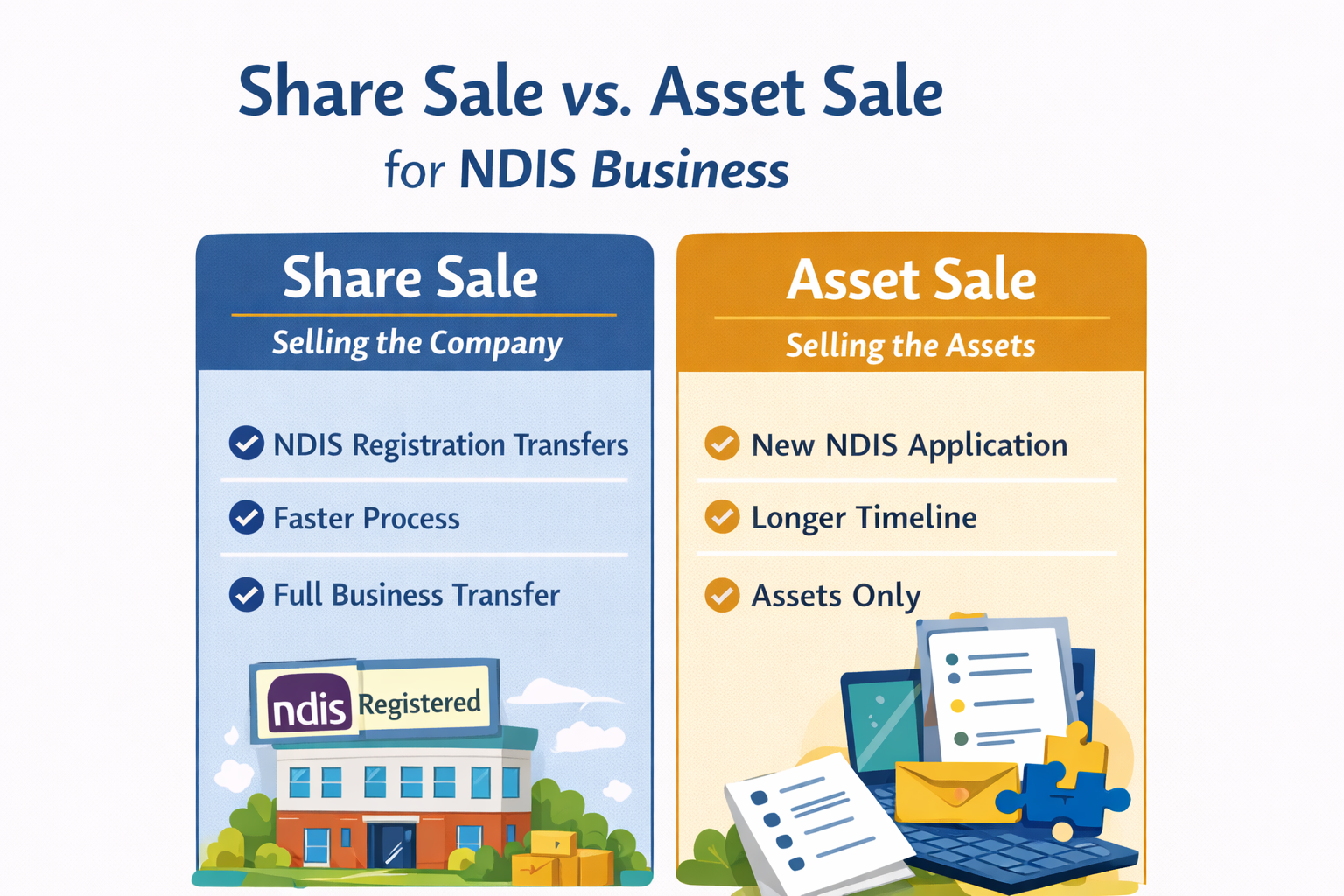 Share sale vs asset sale comparison for NDIS business ownership transfer in Australia