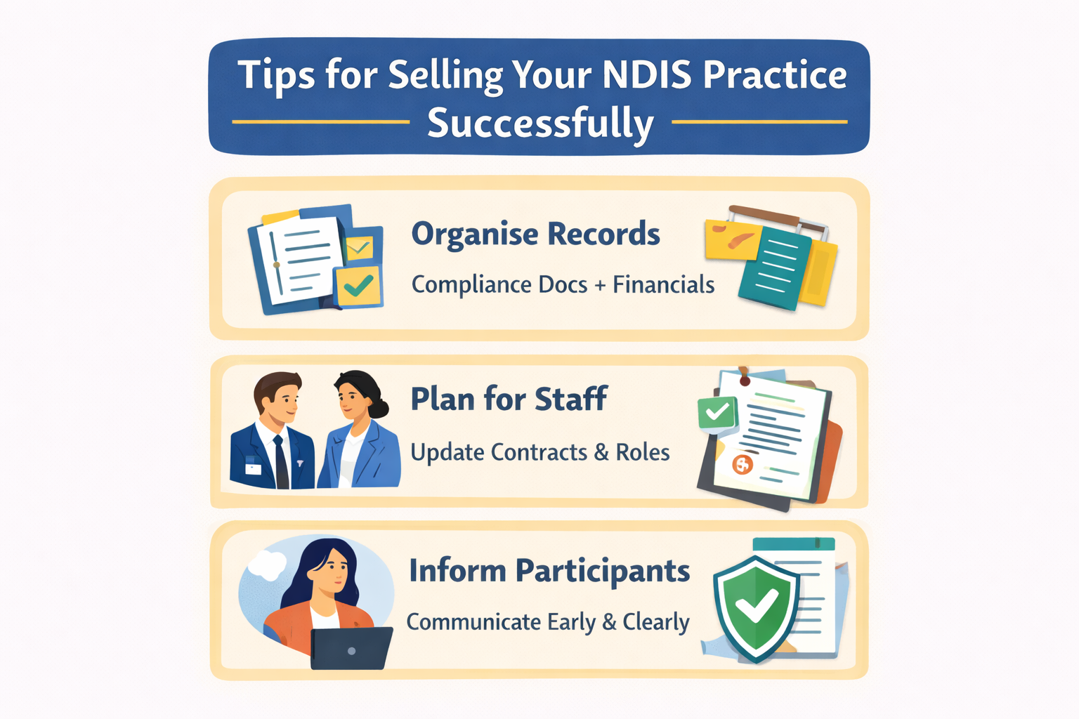 Tips for selling your NDIS practice successfully including staff planning, insurance, and participant communication